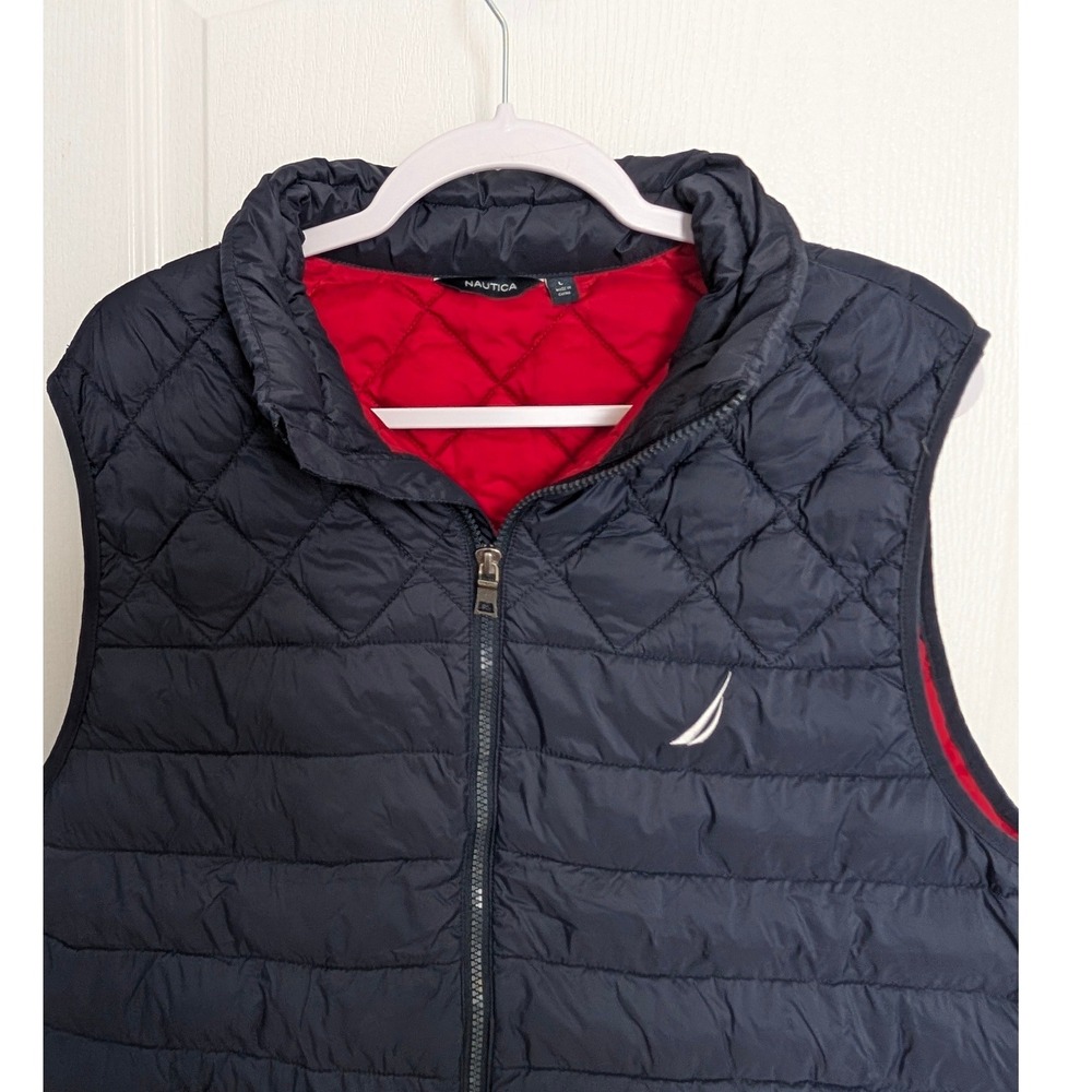 Nautica Mens Large Quilted Puffer Vest Navy Blue Red Lining Full Zip